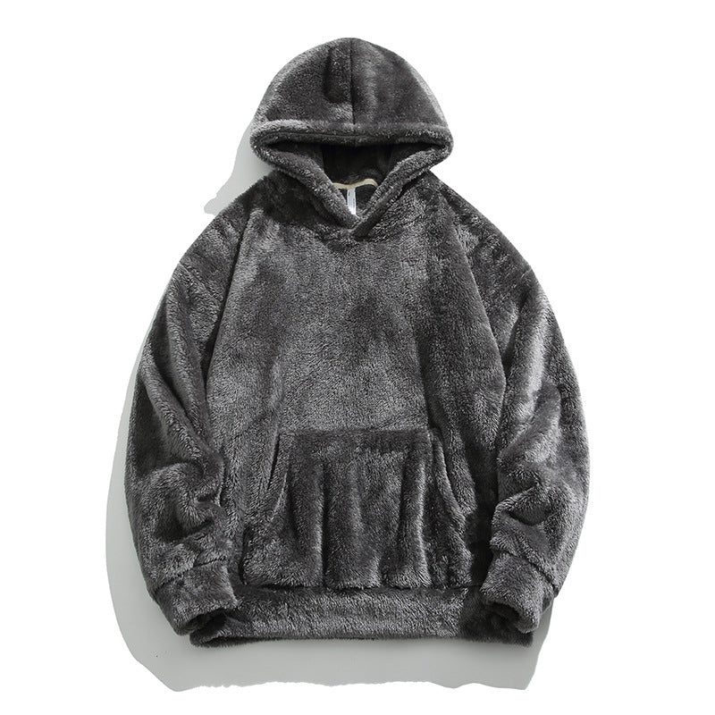 Men's Solid Color Thickened Loose Fuzzy Hooded Sweatshirt