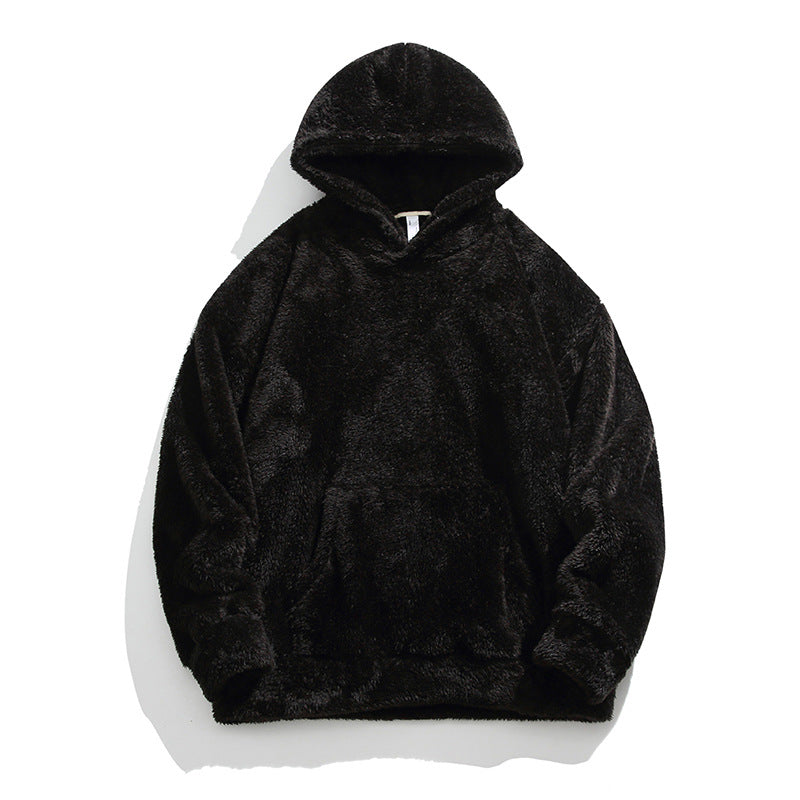 Men's Solid Color Thickened Loose Fuzzy Hooded Sweatshirt