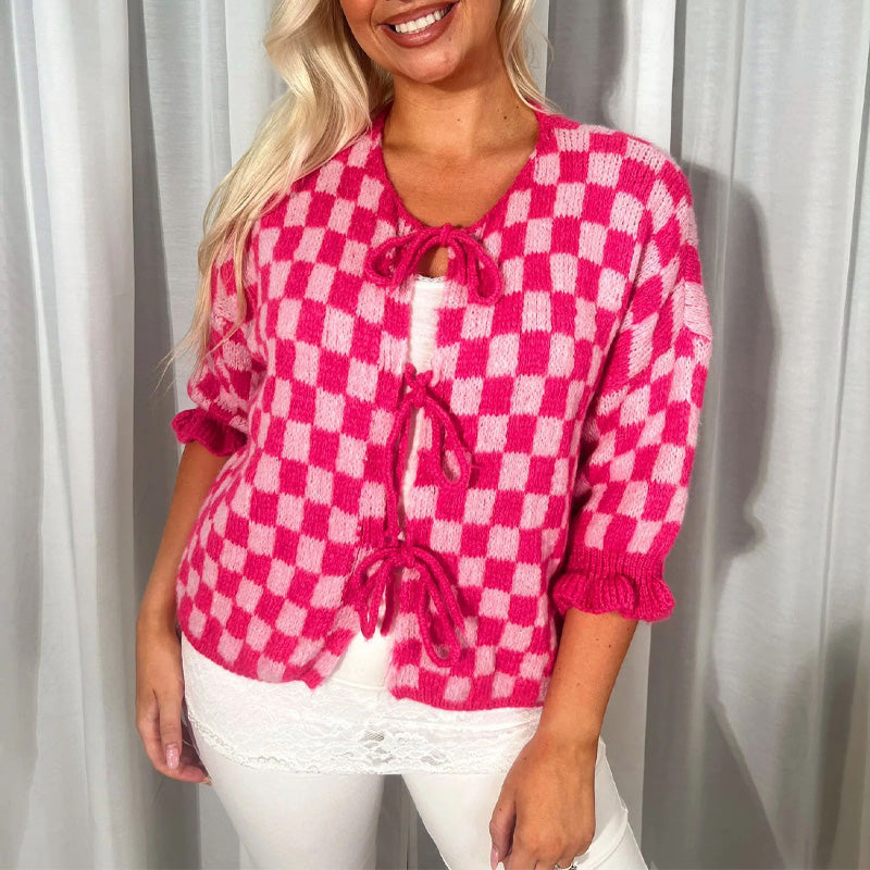 Women's Trendy Checkered Tie Front Knit Cardigan