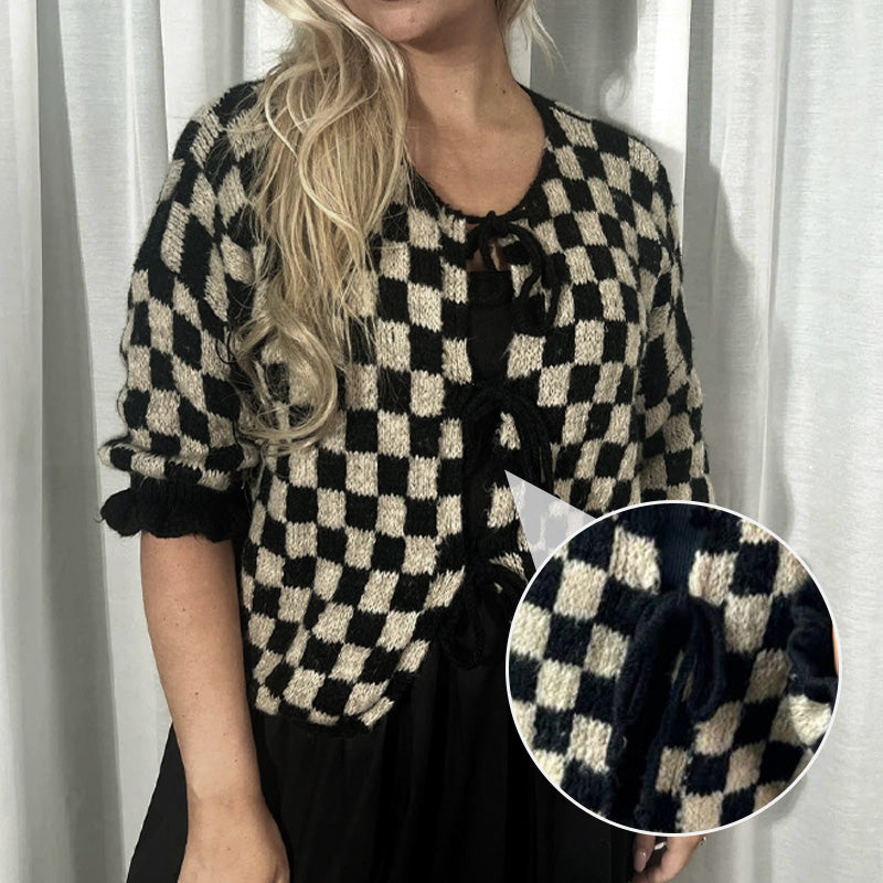 Women's Trendy Checkered Tie Front Knit Cardigan