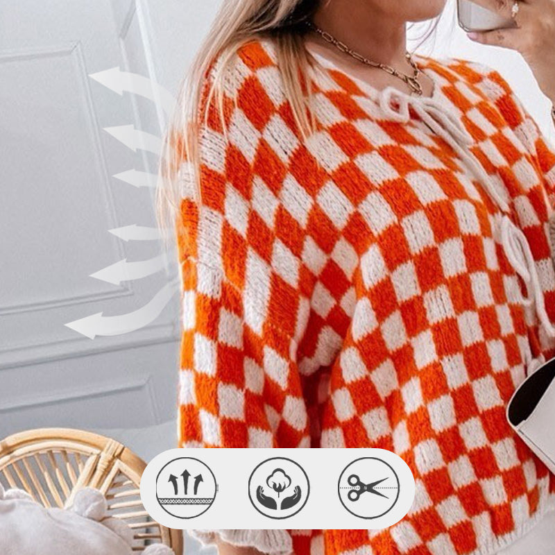 Women's Trendy Checkered Tie Front Knit Cardigan