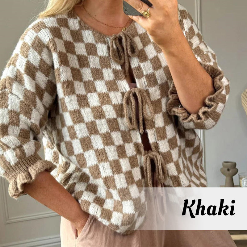 Women's Trendy Checkered Tie Front Knit Cardigan