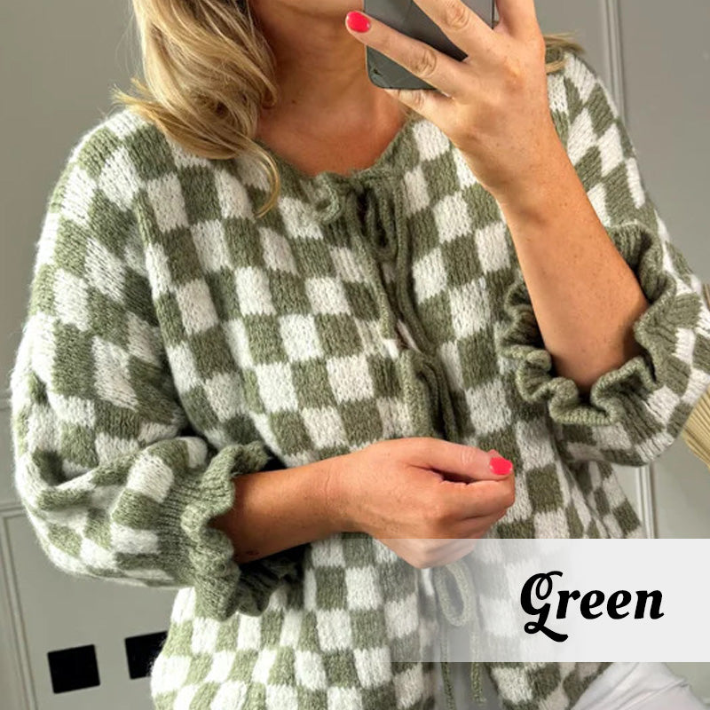 Women's Trendy Checkered Tie Front Knit Cardigan