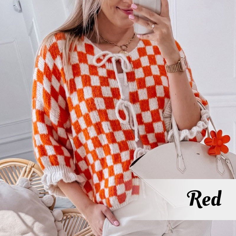 Women's Trendy Checkered Tie Front Knit Cardigan