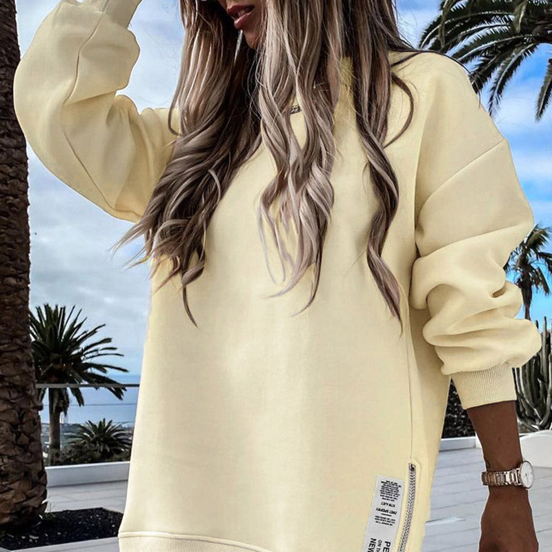 Long Sleeve Pullover Zipper Slit Casual Sweatshirt Dress