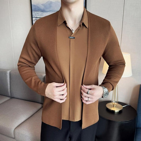 Men's Faux Two-Piece Knit Cardigan Shirt | Stylish Seamless V-Neck Sweater Jacket | Wholesale Price! ✨🛒