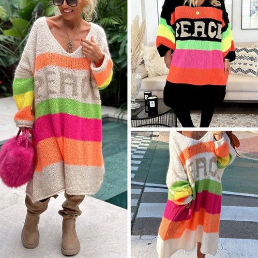 🔥Now enjoy 50% discount🔥Color Block V-Neck Letter Print Sweater Dress