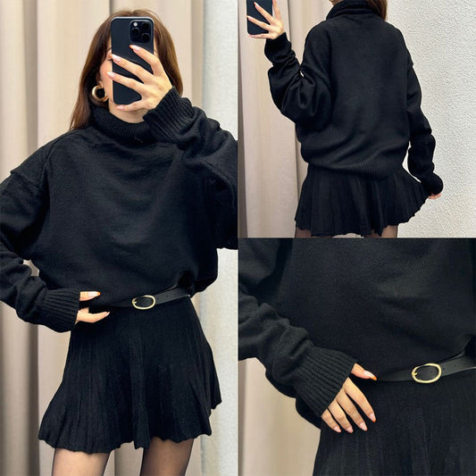 Solid Color Knit Turtleneck Top & Pleated Skirt Set