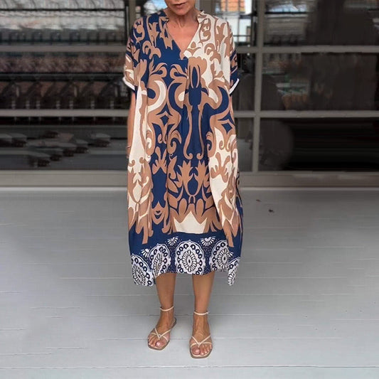 🌺Last Day UP TO 69% OFF!!🔥Printed V Neck Loose Midi Dress