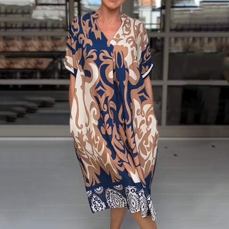 🌺Last Day UP TO 69% OFF!!🔥Printed V Neck Loose Midi Dress