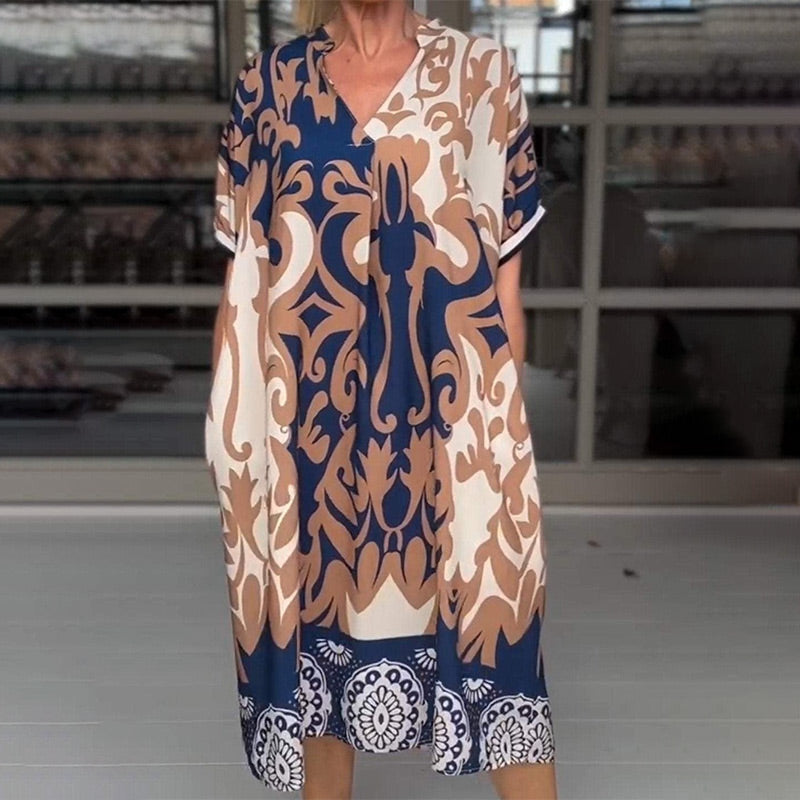 🌺Last Day UP TO 69% OFF!!🔥Printed V Neck Loose Midi Dress