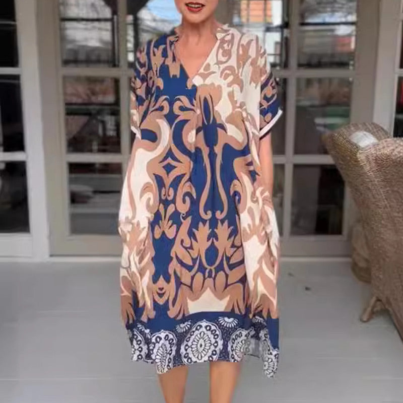 🌺Last Day UP TO 69% OFF!!🔥Printed V Neck Loose Midi Dress