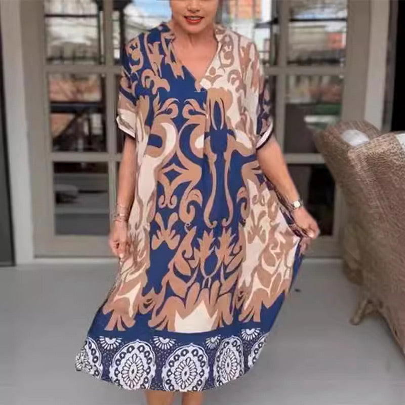 🌺Last Day UP TO 69% OFF!!🔥Printed V Neck Loose Midi Dress