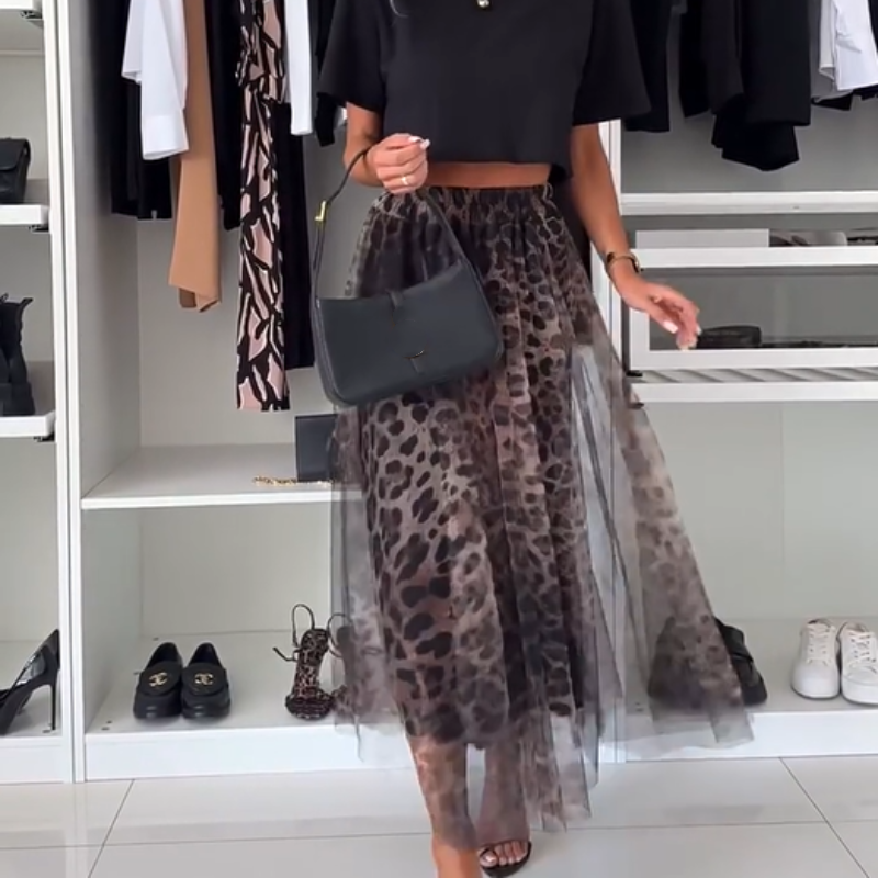 Leopard Print Layered Design Bustier Maxi Skirt