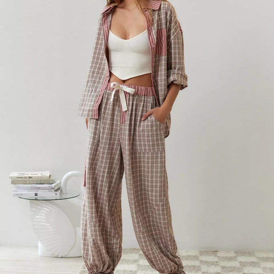 Women's Plaid Shirt & Pants 2-Piece Pajama Set