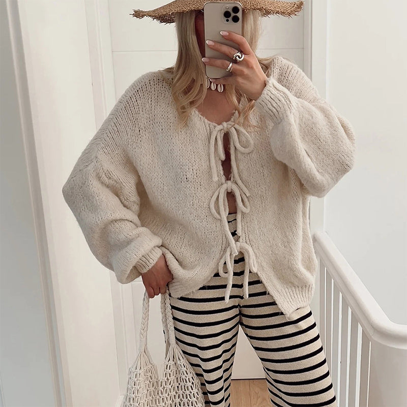 ✨Hot sale🔥Women's Long Sleeve Tie Front Knit Sweater