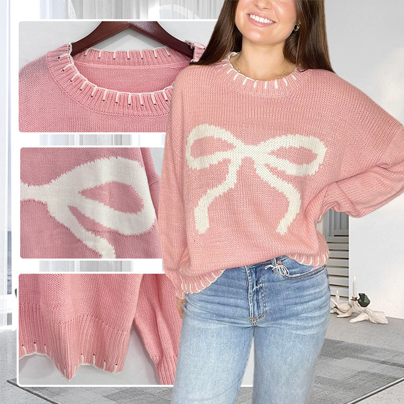 Women's Cozy Oversized Knit Sweater with Bow Pattern