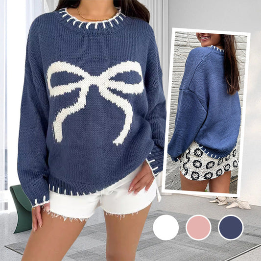 Women's Cozy Oversized Knit Sweater with Bow Pattern