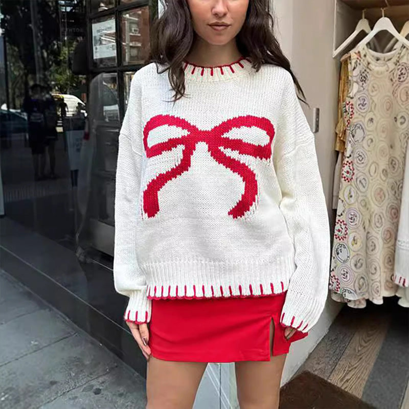 Women's Cozy Oversized Knit Sweater with Bow Pattern