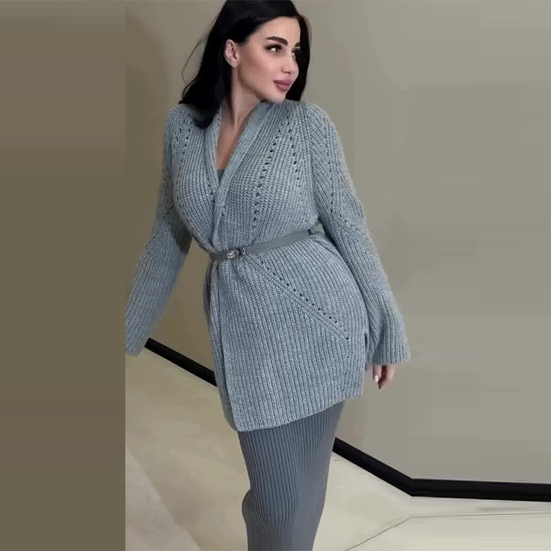 50%off🧥Women's Solid Color Buttoned Knit Sweater & Long Skirt Set