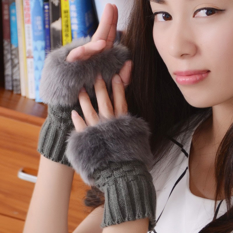 Fuzzy Soft Knit Warm Fingerless Gloves