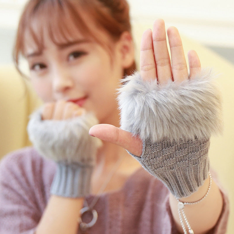 Fuzzy Soft Knit Warm Fingerless Gloves