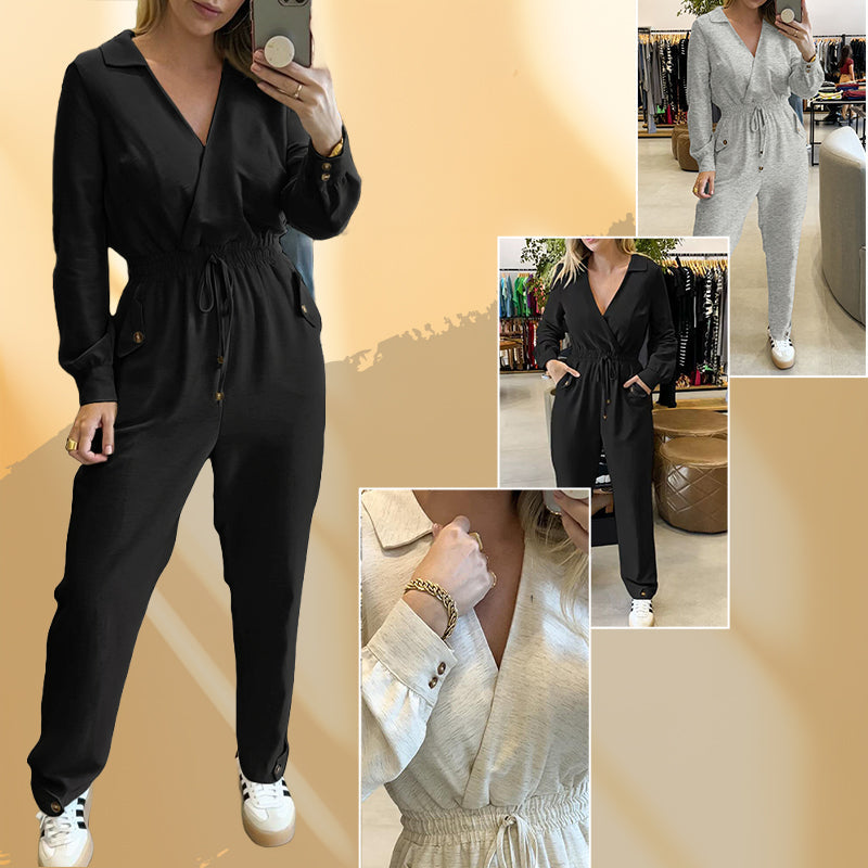 Deep V-Neck Drawstring Waist Jumpsuit for Women