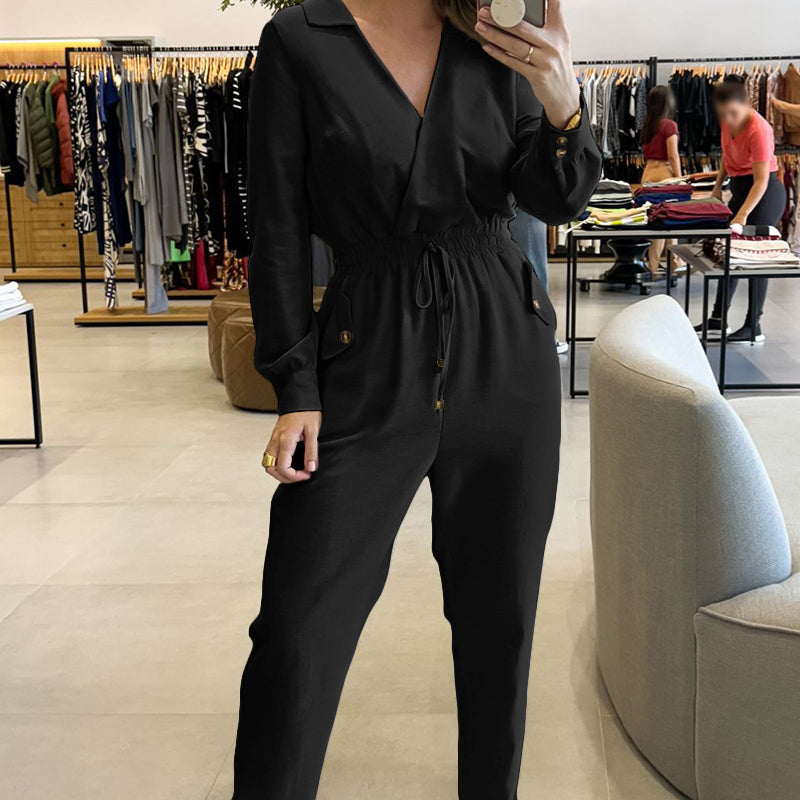 Deep V-Neck Drawstring Waist Jumpsuit for Women