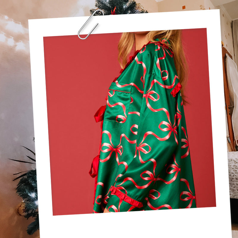 Christmas Printed Bow Tie 2 Piece Pajama Set