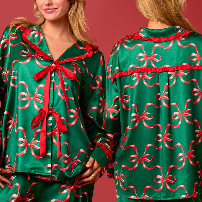 Christmas Printed Bow Tie 2 Piece Pajama Set