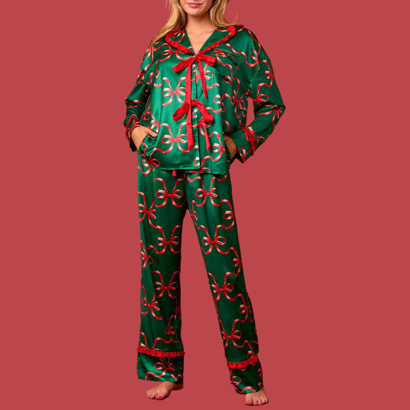 Christmas Printed Bow Tie 2 Piece Pajama Set