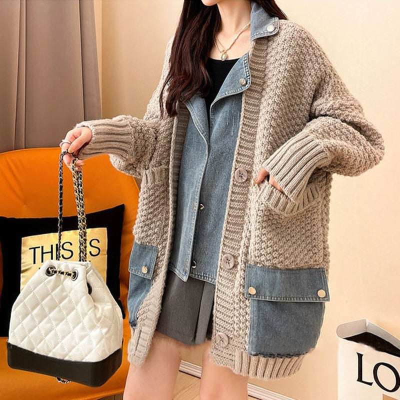 Fashionable and Comfortable Women's Knit Denim Patchwork Jacket