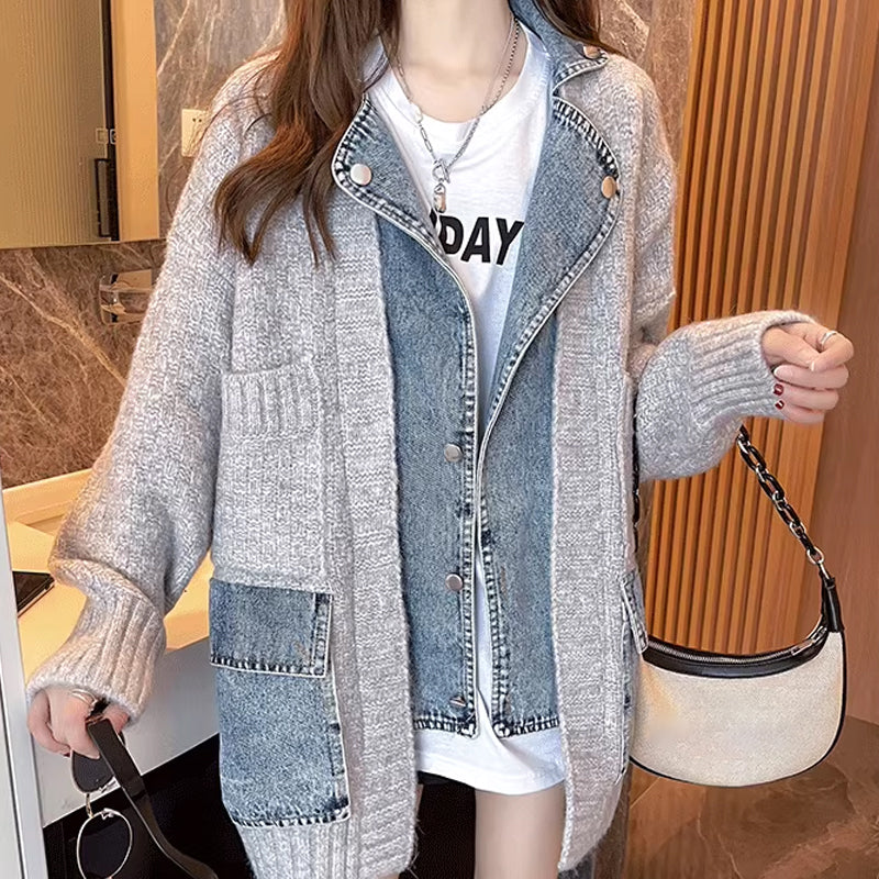 Fashionable and Comfortable Women's Knit Denim Patchwork Jacket