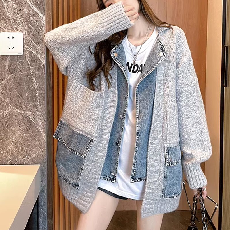 Fashionable and Comfortable Women's Knit Denim Patchwork Jacket