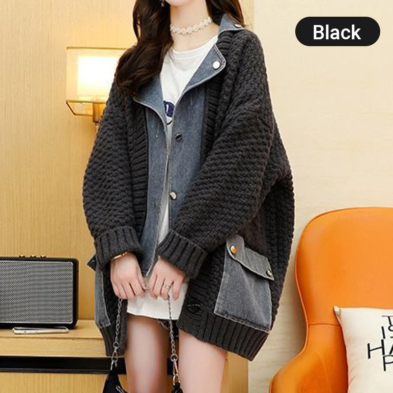 Fashionable and Comfortable Women's Knit Denim Patchwork Jacket