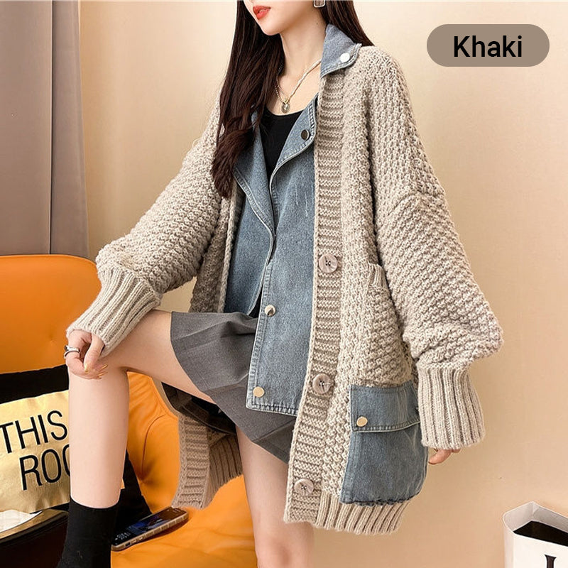 Fashionable and Comfortable Women's Knit Denim Patchwork Jacket