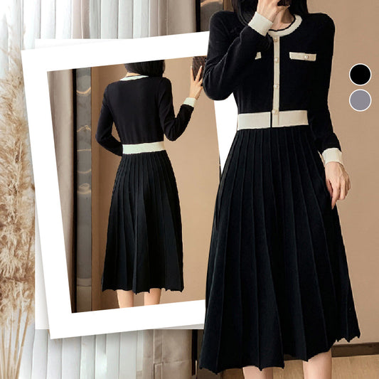 Women's Elegant Pleated Contrast Color Dress