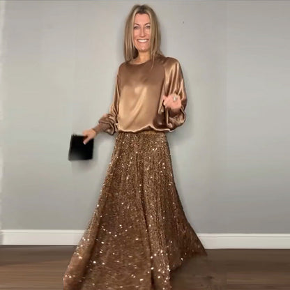 Crew Neck Top & Sequin Maxi Skirt Set