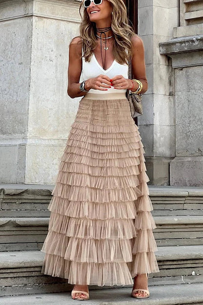 Layered maxi tulle dress with elastic waist