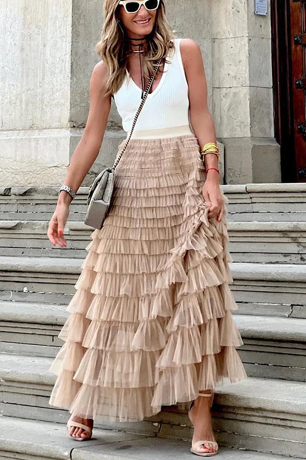 Layered maxi tulle dress with elastic waist