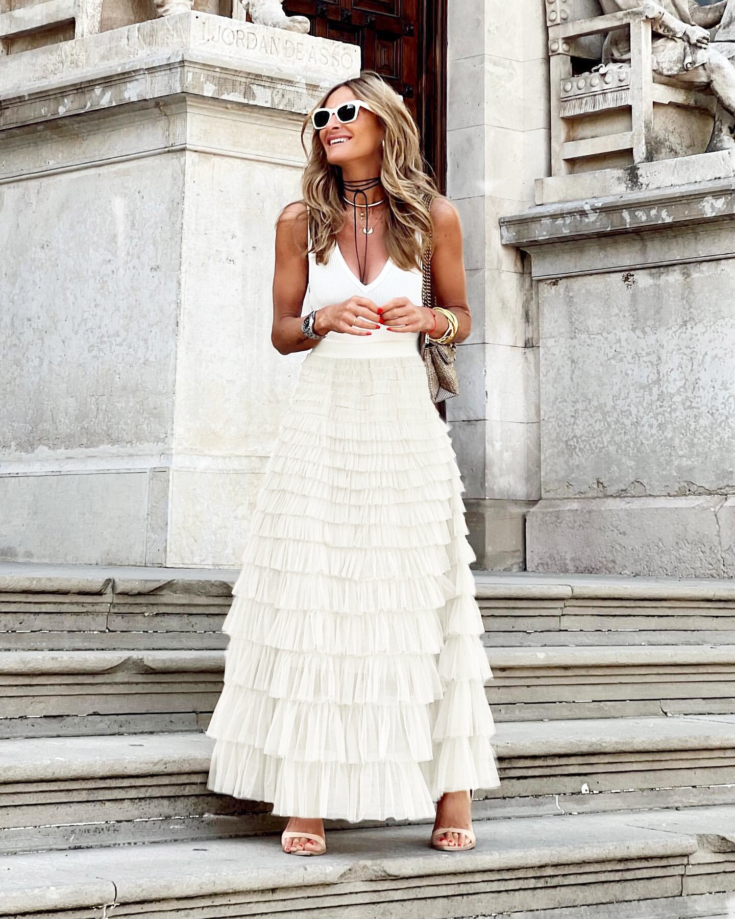 Layered maxi tulle dress with elastic waist