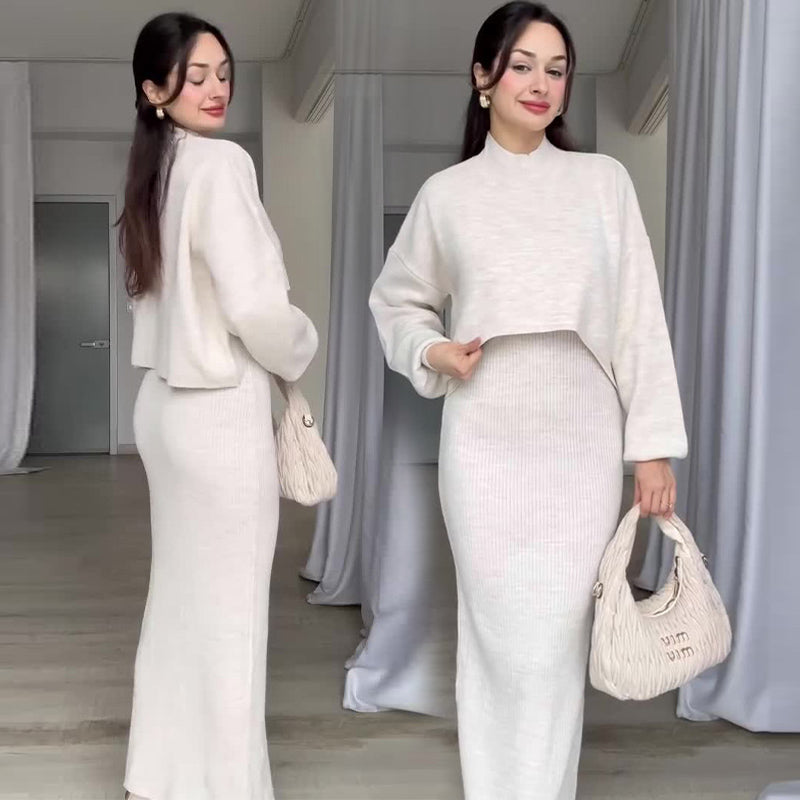 Elegant Mockneck Knit Top & Dress 2-Piece Set