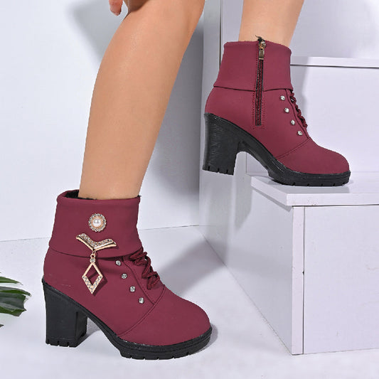 Women's Chunky Heeled Ankle Boots with Rhinestone Decor⚡New Arrivals Sale-50% OFF