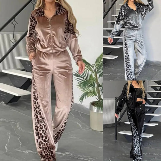 🔥2025 HOT SALE🔥 Women's Fashion Leopard Print Zipper Top＆Drawstring Pants (2-Piece Set)