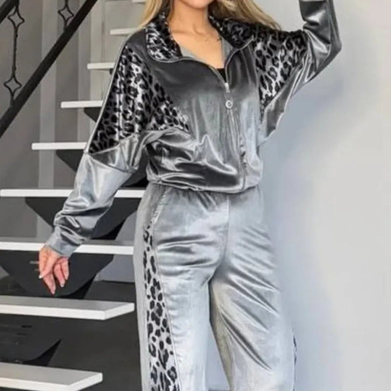 🔥2025 HOT SALE🔥 Women's Fashion Leopard Print Zipper Top＆Drawstring Pants (2-Piece Set)