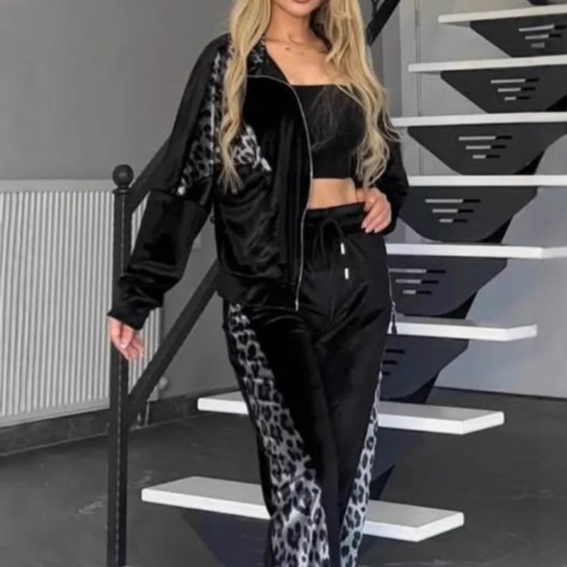 🔥2025 HOT SALE🔥 Women's Fashion Leopard Print Zipper Top＆Drawstring Pants (2-Piece Set)