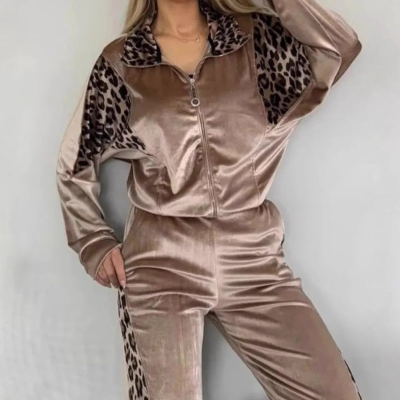 🔥2025 HOT SALE🔥 Women's Fashion Leopard Print Zipper Top＆Drawstring Pants (2-Piece Set)
