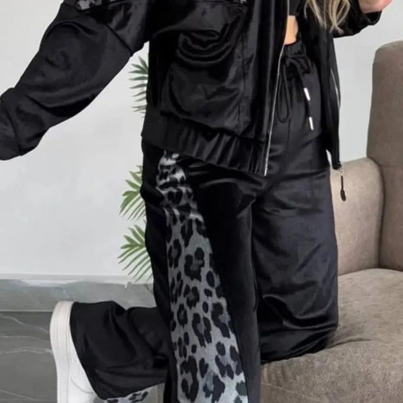 🔥2025 HOT SALE🔥 Women's Fashion Leopard Print Zipper Top＆Drawstring Pants (2-Piece Set)