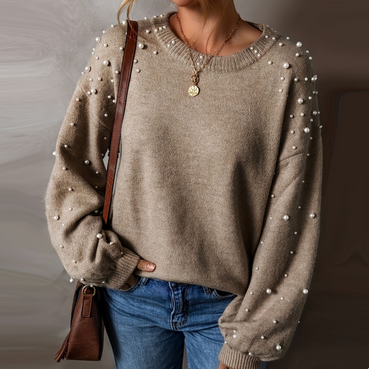 Women's Faux Pearls Round Neck Pullover Sweater