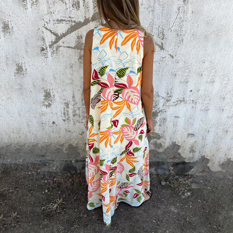 Women's Leaves Pattern V-Neck Sleeveless Floor-Length Dress